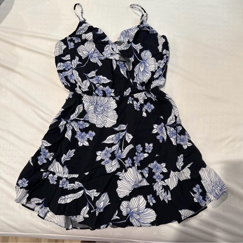 Express Chic Black Dress with White and Blue Floral Design